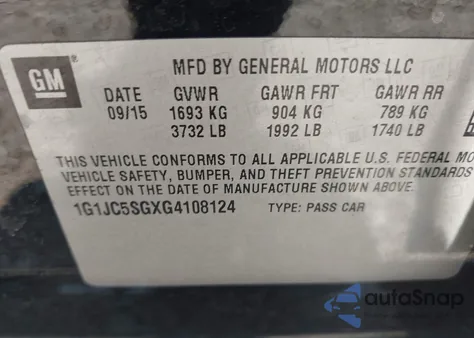 2016 Chevrolet Sonic Lt from USA, damaged, VIN 1G1JC5SGXG4108124